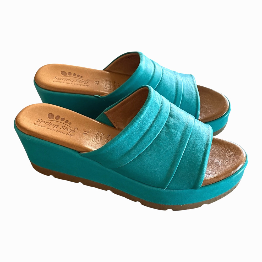 SPRING STEP Allerton Size 41/US 9.5-10 Turquoise Leather Platform Wedge Sandals